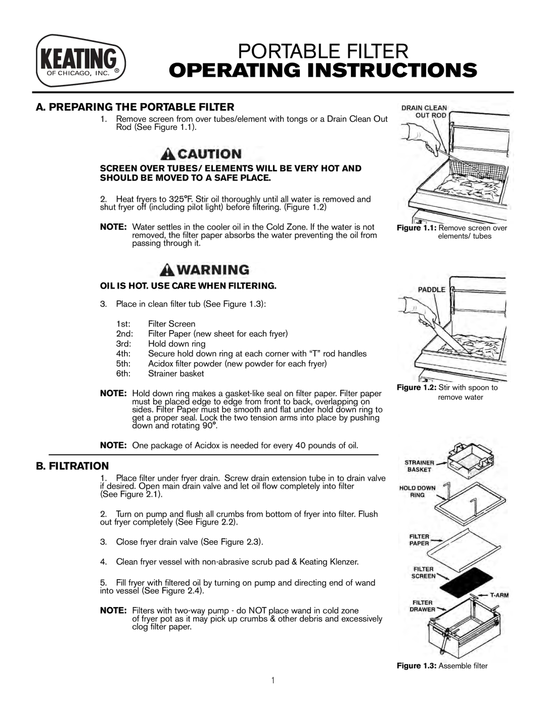 Keating Of Chicago LB-65, LB-200 user manual Preparing the Portable Filter, Filtration, OIL is HOT. USE Care When Filtering 