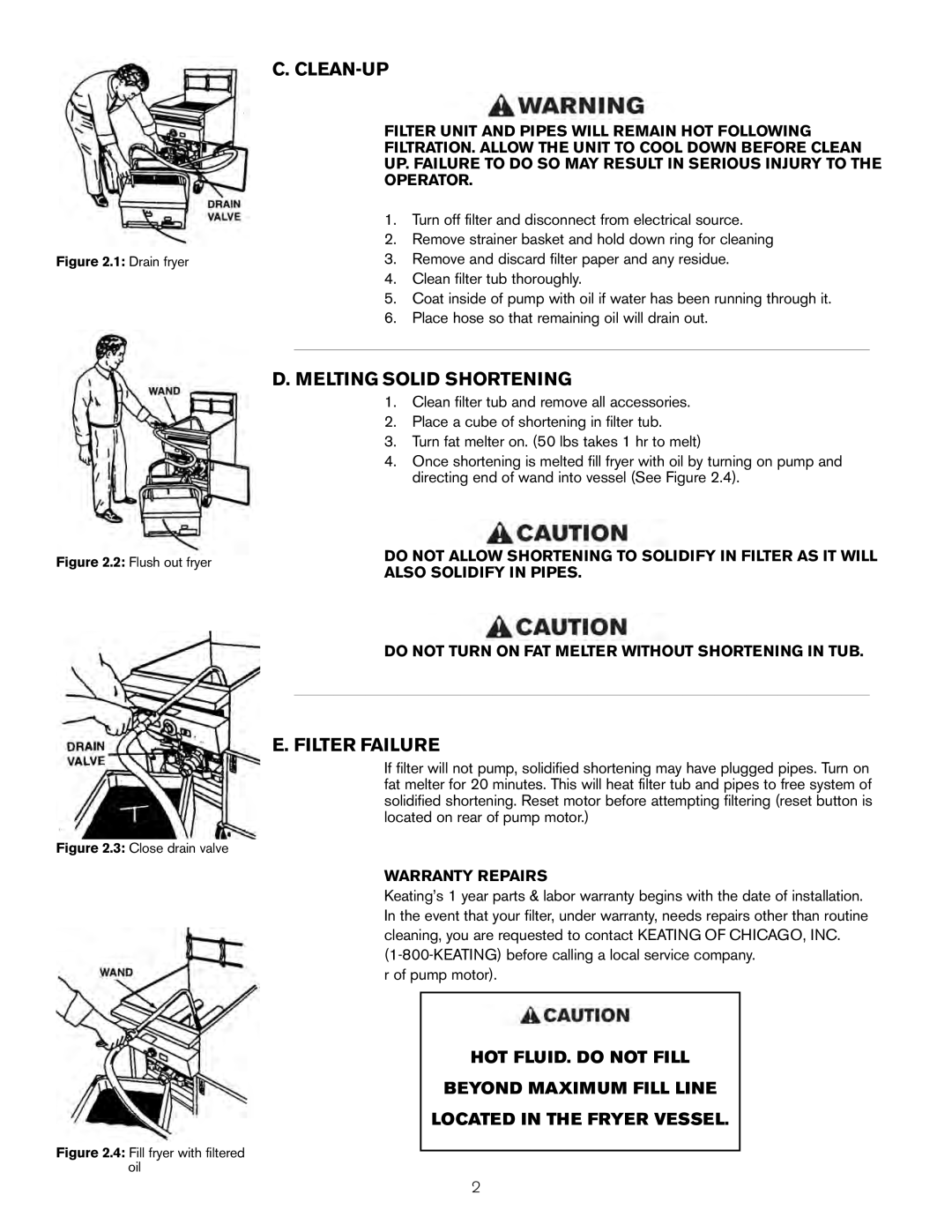 Keating Of Chicago LB-200, LB-65 user manual Clean-Up, Melting Solid Shortening, Filter Failure, Warranty Repairs 