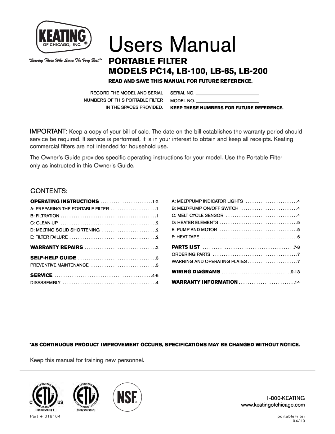 Keating Of Chicago user manual Portable Filter, MODELS PC14, LB-100, LB-65, LB-200, Contents 