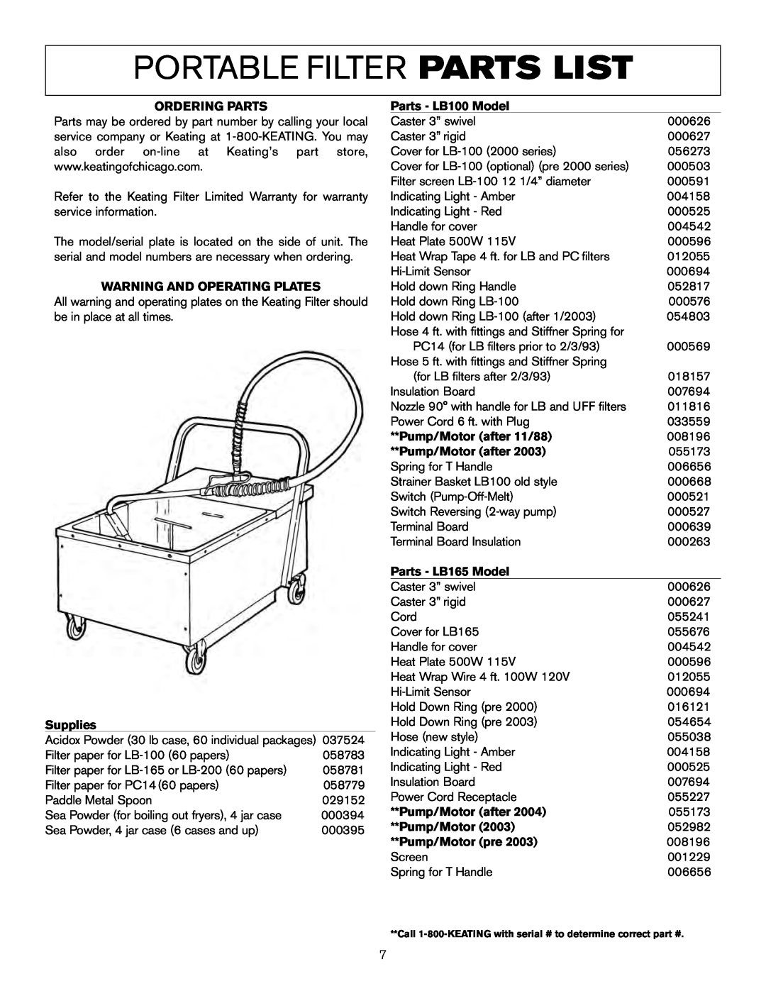 Keating Of Chicago LB-65, LB-200 user manual Portable Filter Parts List 