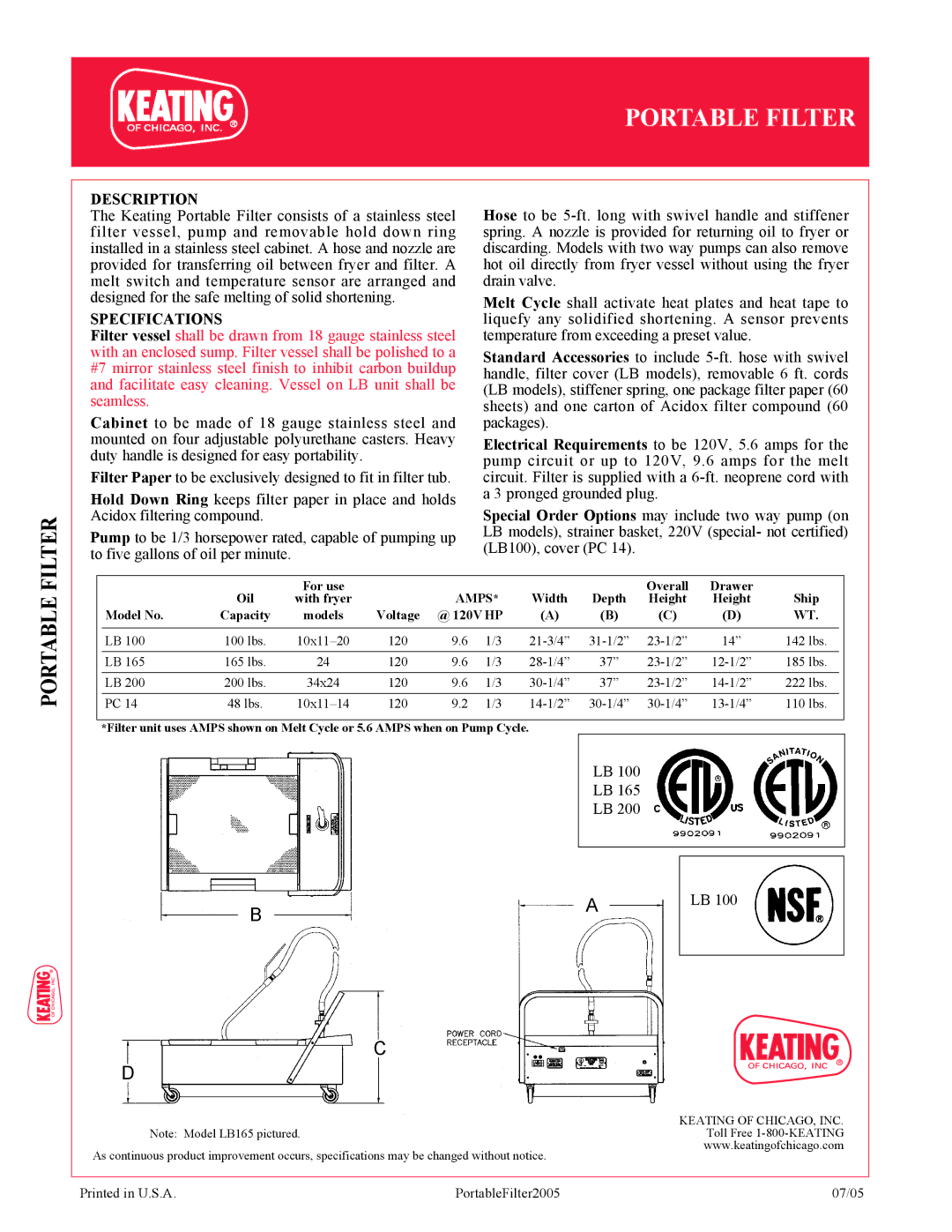 Keating Of Chicago LB200-2 manual Filter, Portable, Description, Specifications 