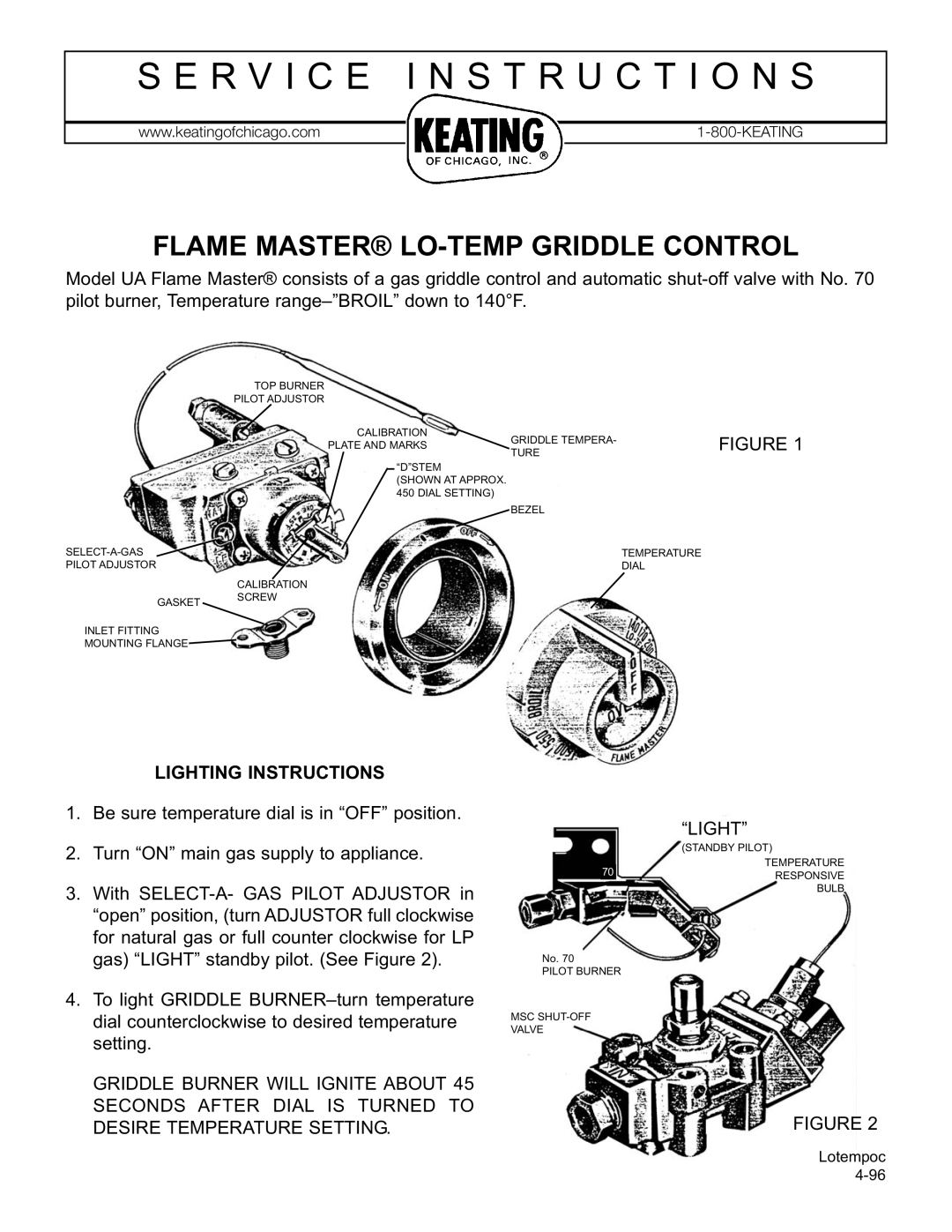 Keating Of Chicago Lo-Temp Griddle manual R V I C E I N S T R U C T I O N S, Flame Master LO-TEMP Griddle Control 