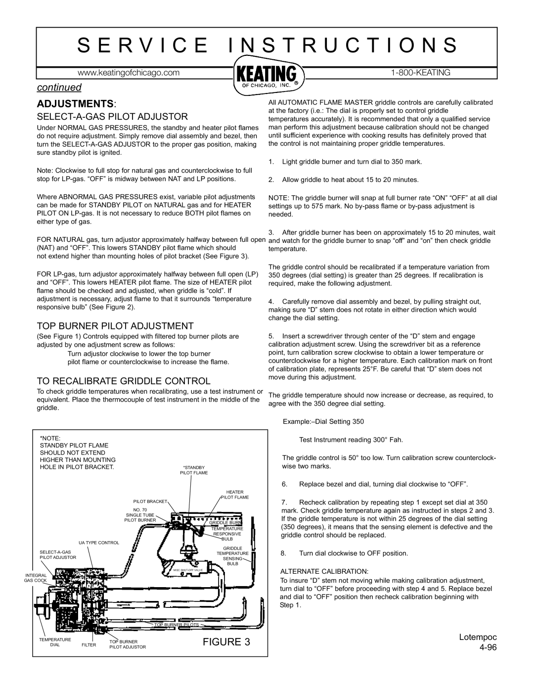 Keating Of Chicago Lo-Temp Griddle manual Adjustments, SELECT-A-GAS Pilot Adjustor, TOP Burner Pilot Adjustment 