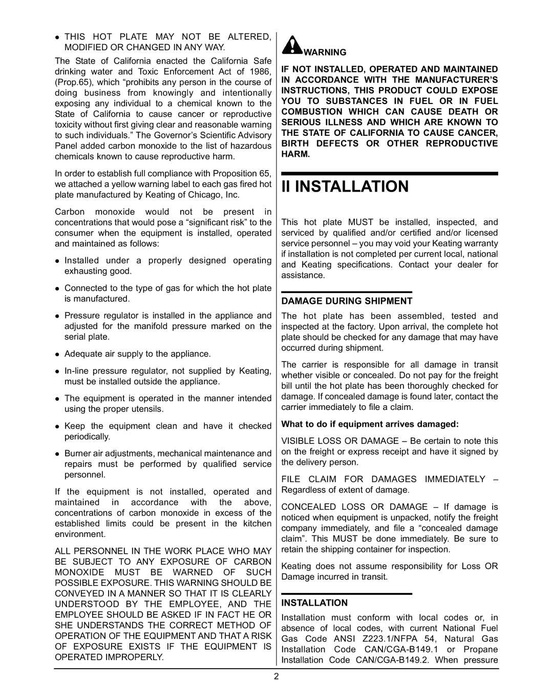 Keating Of Chicago MG-4, MG-2 II Installation, Damage During Shipment, What to do if equipment arrives damaged 