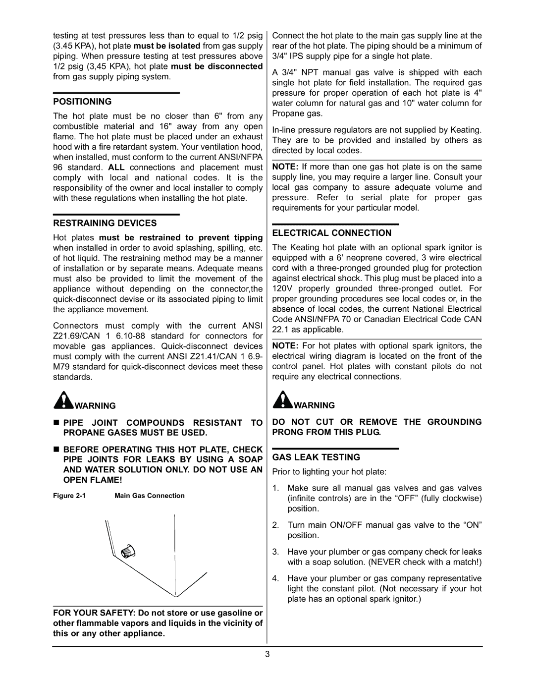 Keating Of Chicago MG-2, MG-4 service manual Positioning, Restraining Devices, Electrical Connection, GAS Leak Testing 