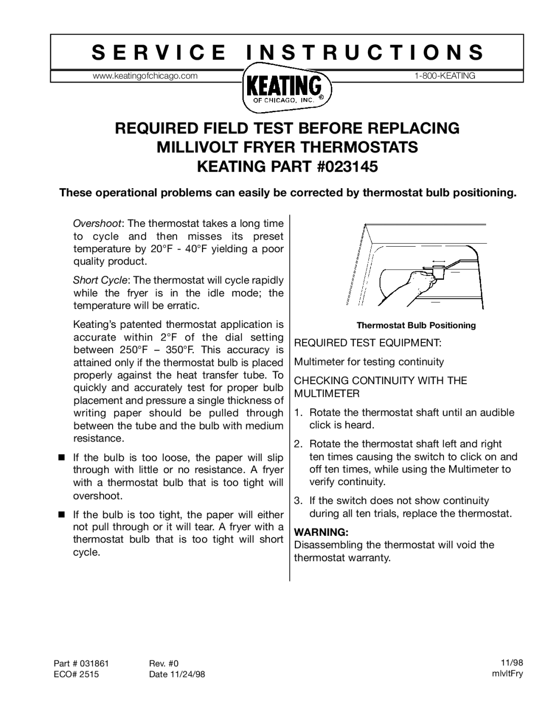 Keating Of Chicago Millivolt Fryer Thermostats warranty R V I C E I N S T R U C T I O N S, Required Test Equipment 