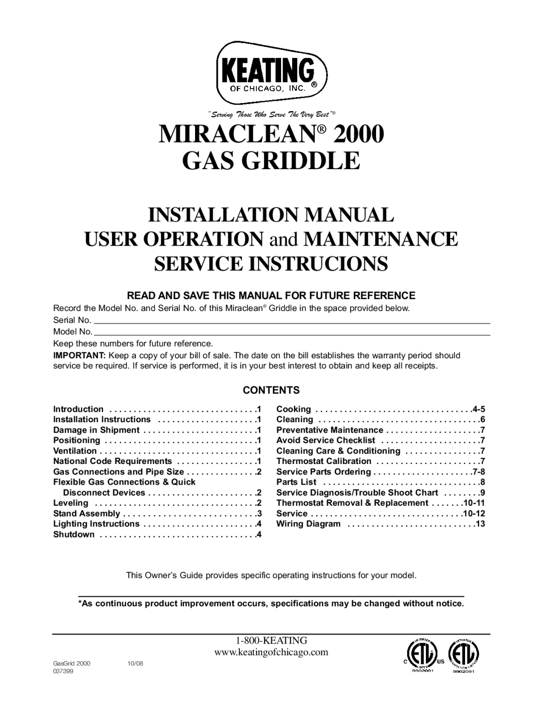 Keating Of Chicago installation manual Miraclean GAS Griddle 