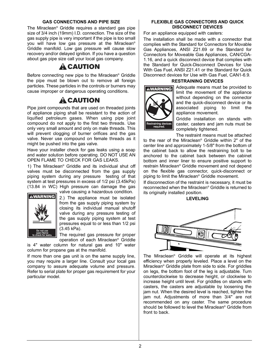 Keating Of Chicago Miraclean GAS Connections and Pipe Size, Flexible GAS Connectors and Quick Disconnect Devices, Leveling 