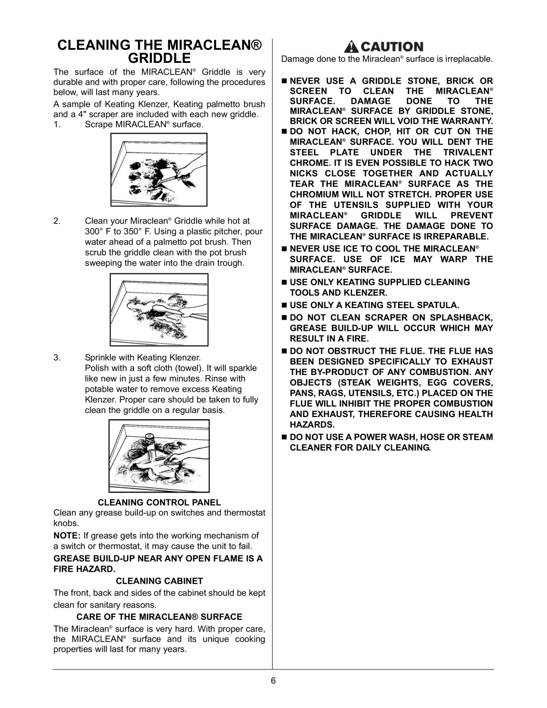 Keating Of Chicago Cleaning the Miraclean Griddle, Cleaning Control Panel, Care of the Miraclean Surface 