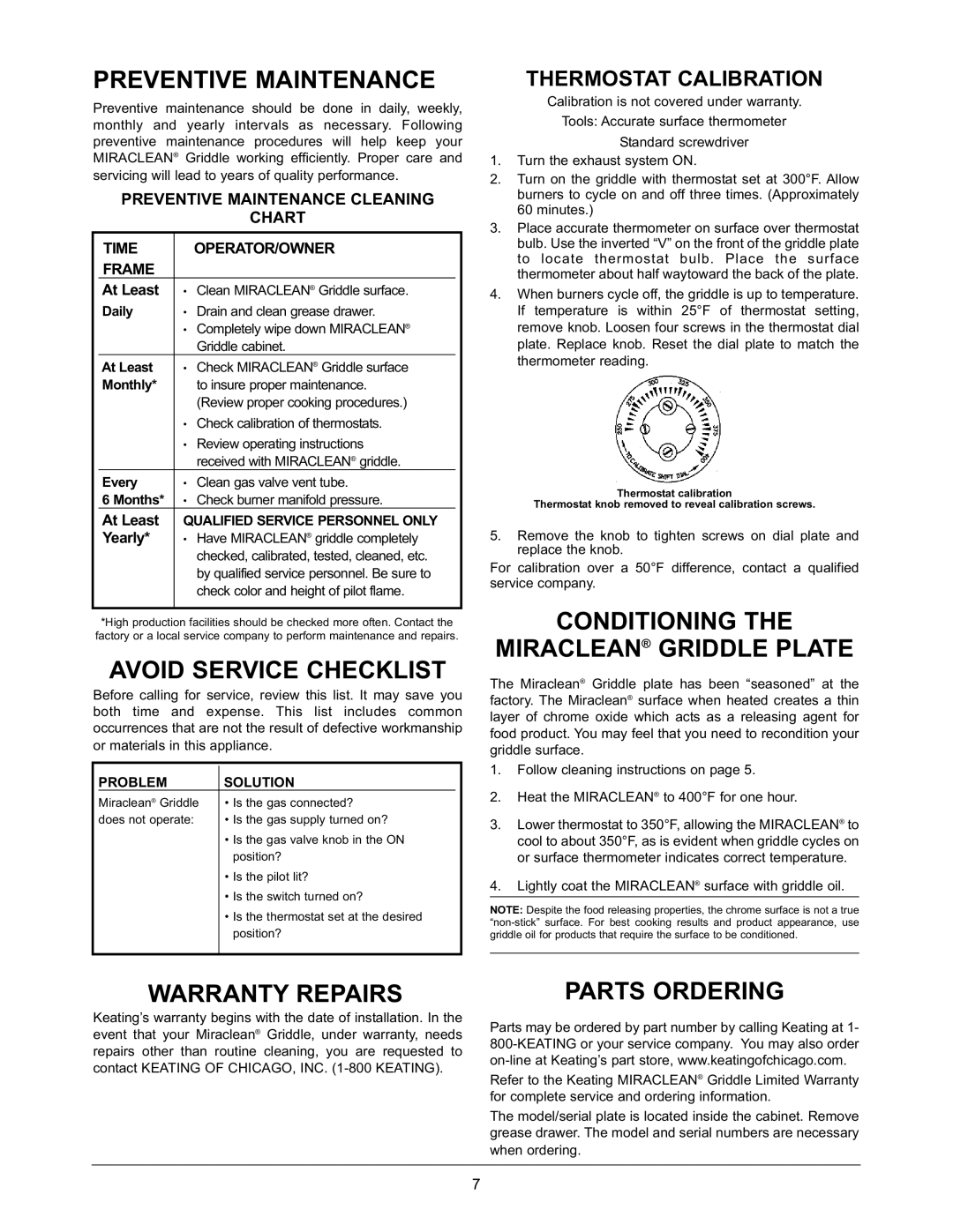 Keating Of Chicago Preventive Maintenance, Avoid Service Checklist, Conditioning Miraclean Griddle Plate 