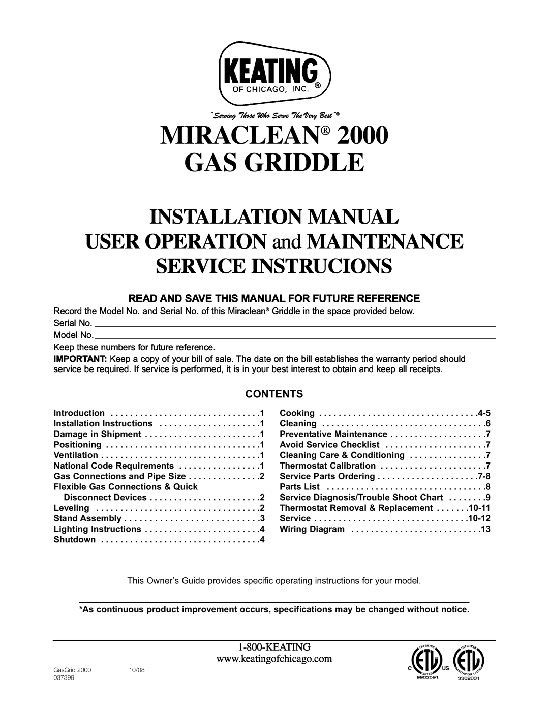 Keating Of Chicago installation manual Keating, Miraclean Gas Griddle, Service Instrucions, 10-11, 10-12 