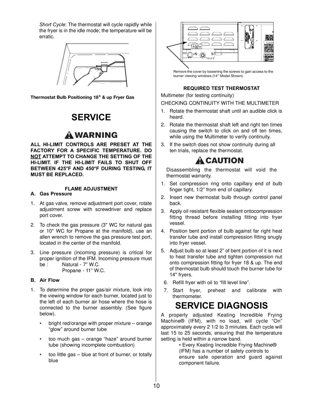 Keating Of Chicago SERIES 2006 warranty Service Diagnosis, Gas Pressure, Air Flow, Required Test Thermostat 