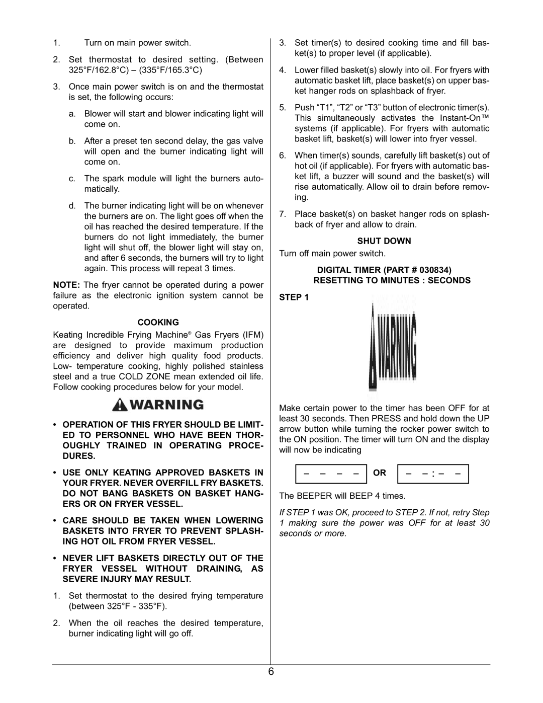 Keating Of Chicago SERIES 2006 warranty Cooking, Shut Down, Digital Timer Resetting to Minutes Seconds Step 