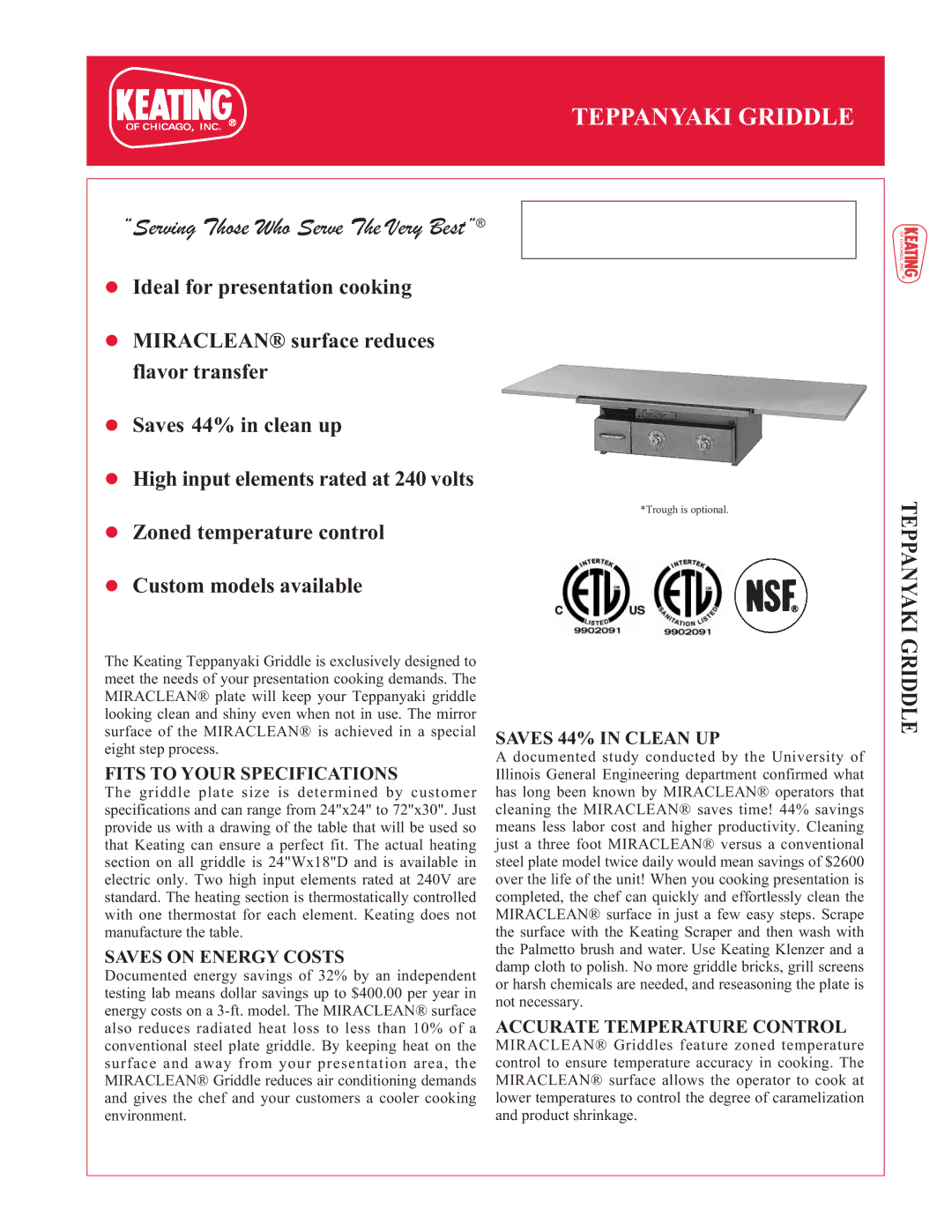 Keating Of Chicago Teppanyaki Griddle specifications Fits to Your Specifications, Saves on Energy Costs 