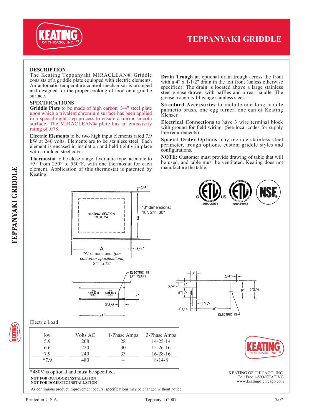 Keating Of Chicago Teppanyaki Griddle specifications Description, Specifications 