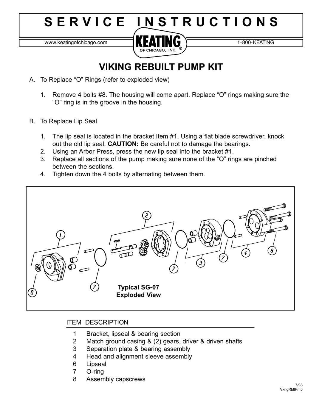 Keating Of Chicago Thermostat manual R V I C E I N S T R U C T I O N S, Viking Rebuilt Pump KIT, Item Description 