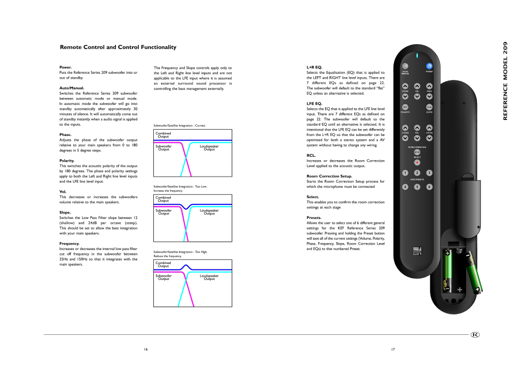 KEF Audio 208, 209 manual Remote Control and Control Functionality 