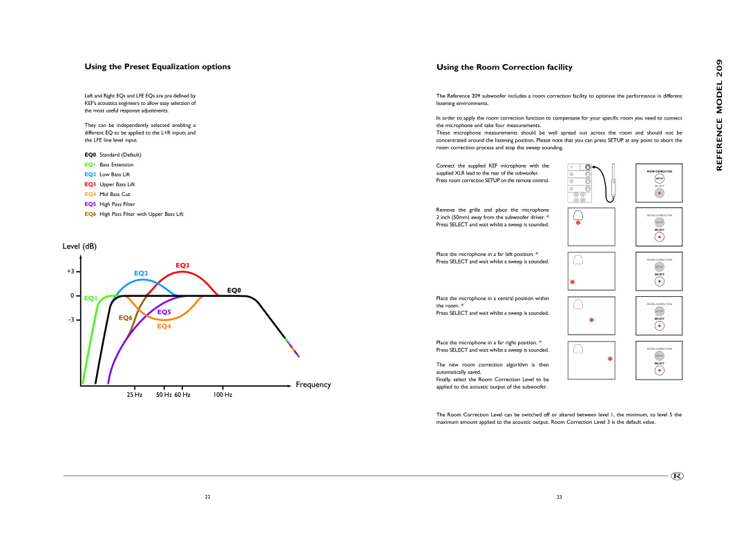 KEF Audio 209, 208 manual Using the Preset Equalization options, Using the Room Correction facility 