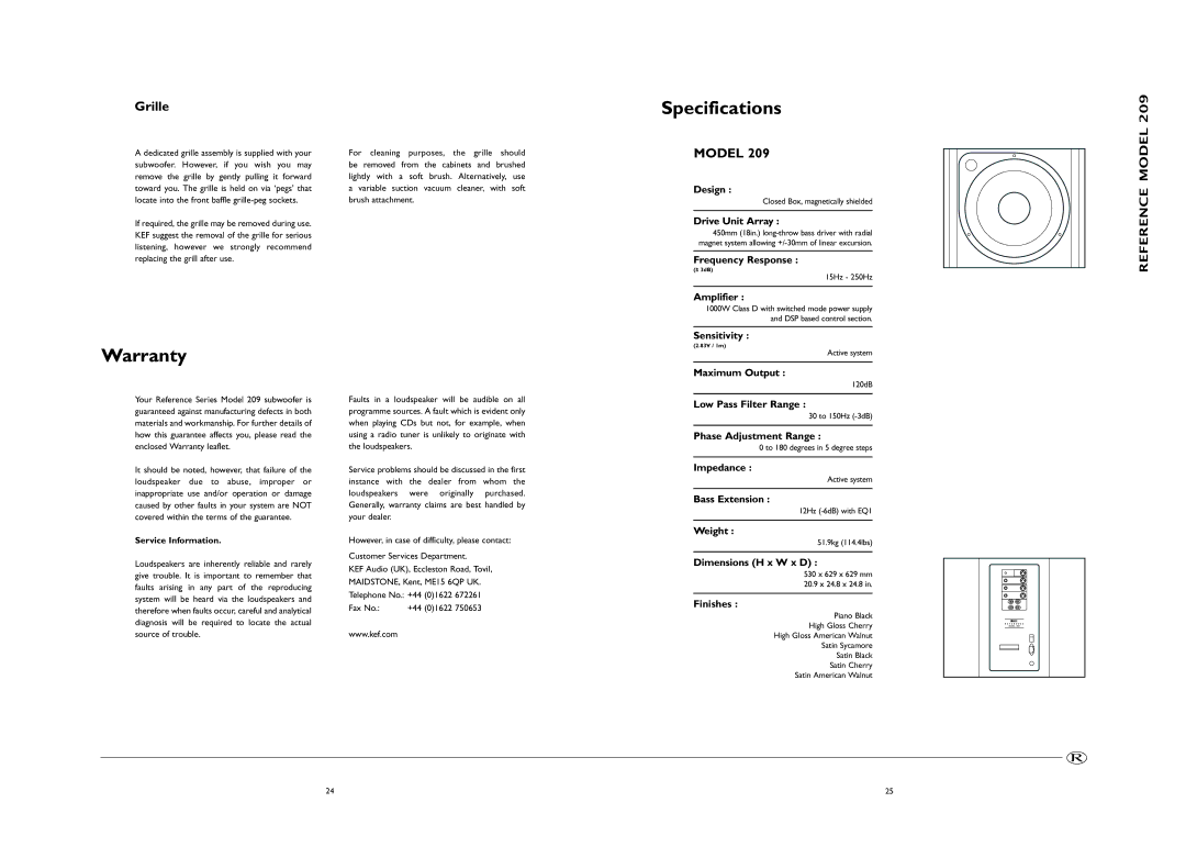 KEF Audio 208, 209 manual Specifications, Warranty, Grille, Service Information 