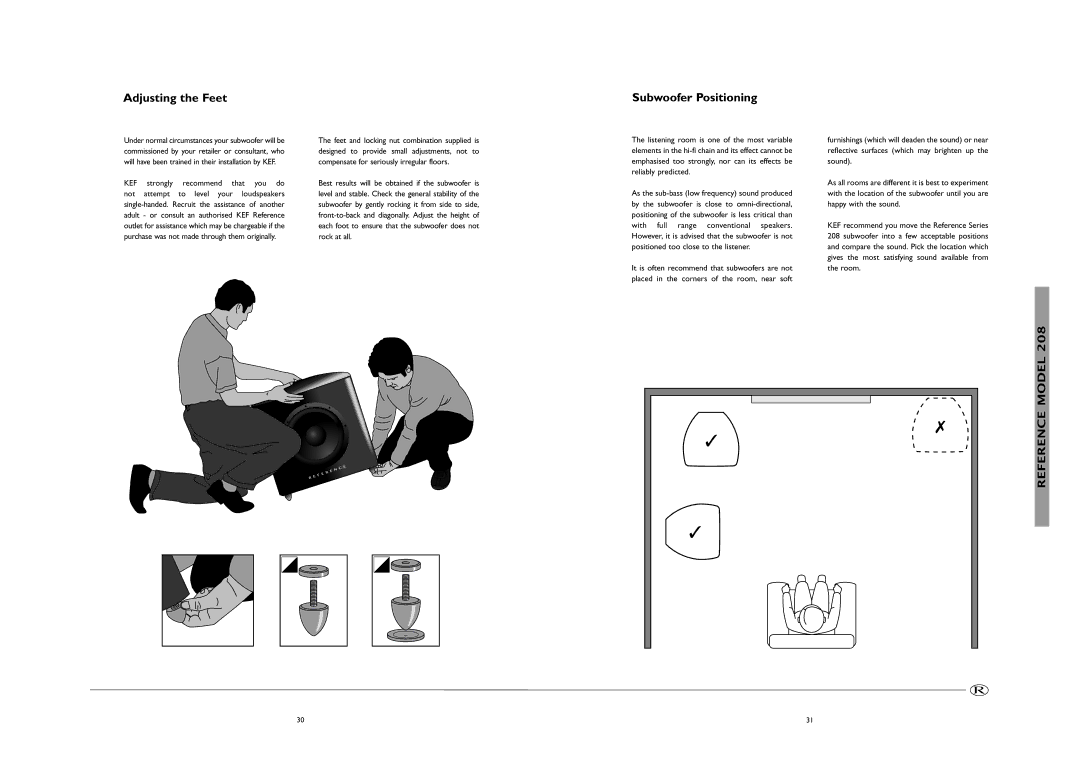 KEF Audio 209, 208 manual Adjusting the Feet Subwoofer Positioning 