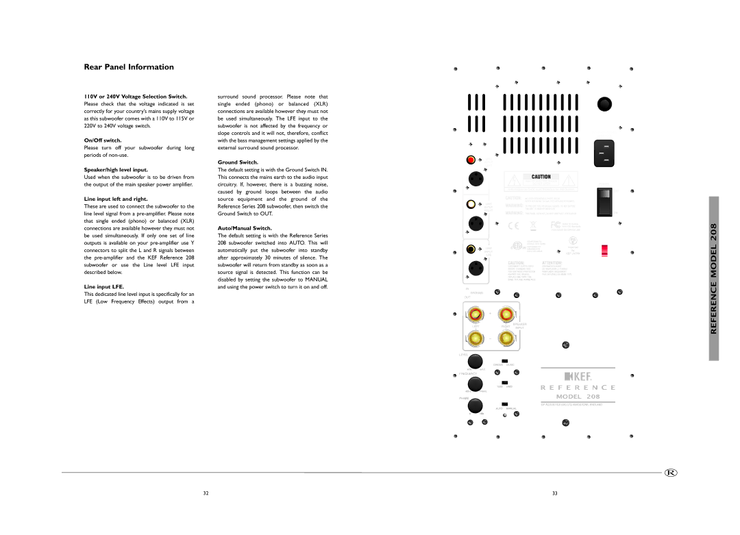 KEF Audio 208, 209 manual 110V or 240V Voltage Selection Switch, Ground Switch, Auto/Manual Switch 