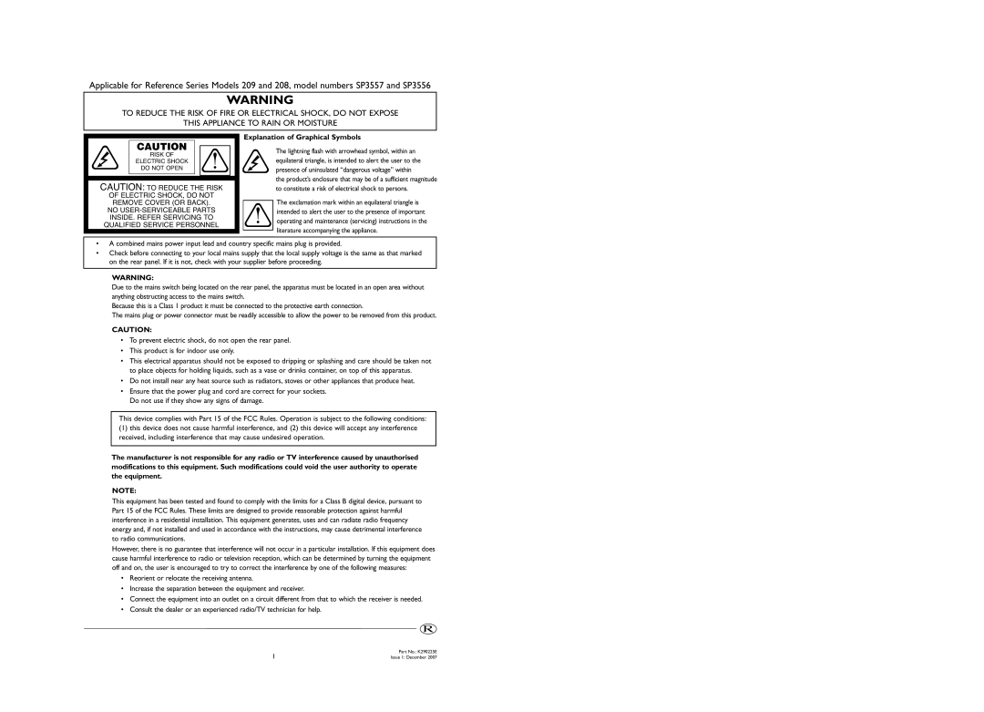 KEF Audio 208, 209 manual Explanation of Graphical Symbols 