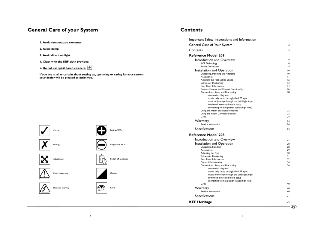 KEF Audio 208, 209 manual General Care of your System, Contents 