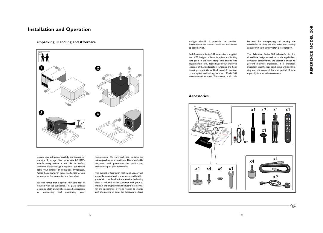 KEF Audio 209, 208 manual Installation and Operation, Unpacking, Handling and Aftercare 