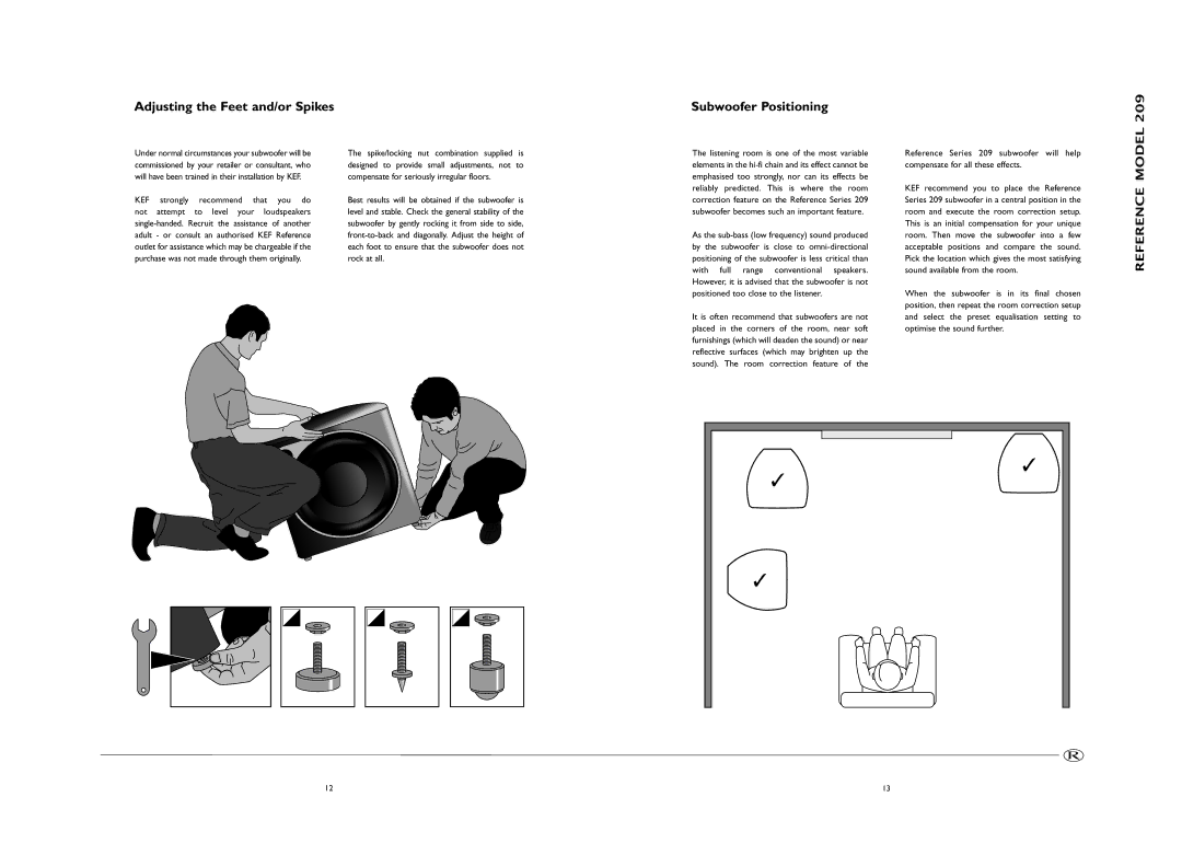 KEF Audio 208, 209 manual Adjusting the Feet and/or Spikes Subwoofer Positioning, Kef 