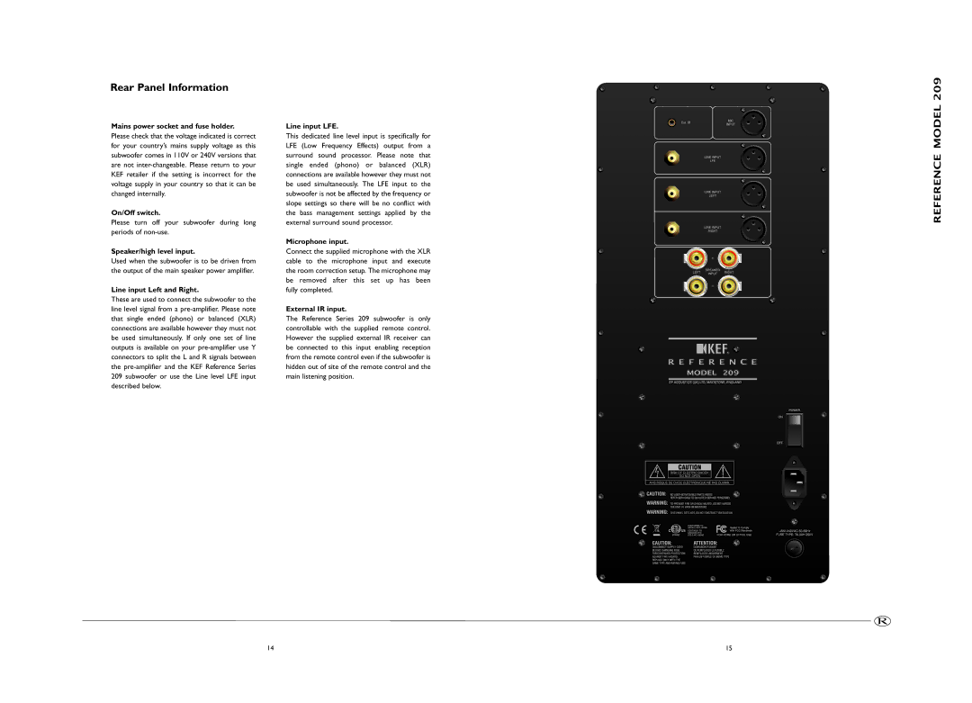 KEF Audio 209, 208 manual Rear Panel Information 