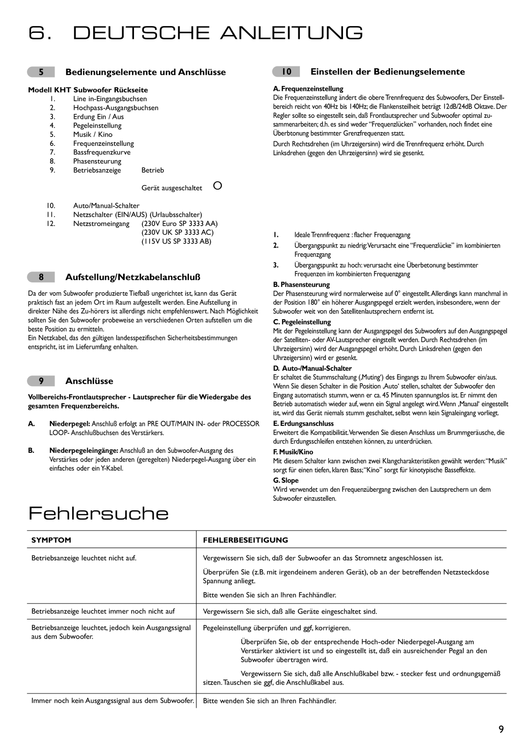 KEF Audio 290149ML installation manual Deutsche Anleitung, Fehlersuche, Aufstellung/Netzkabelanschluß, Anschlüsse 