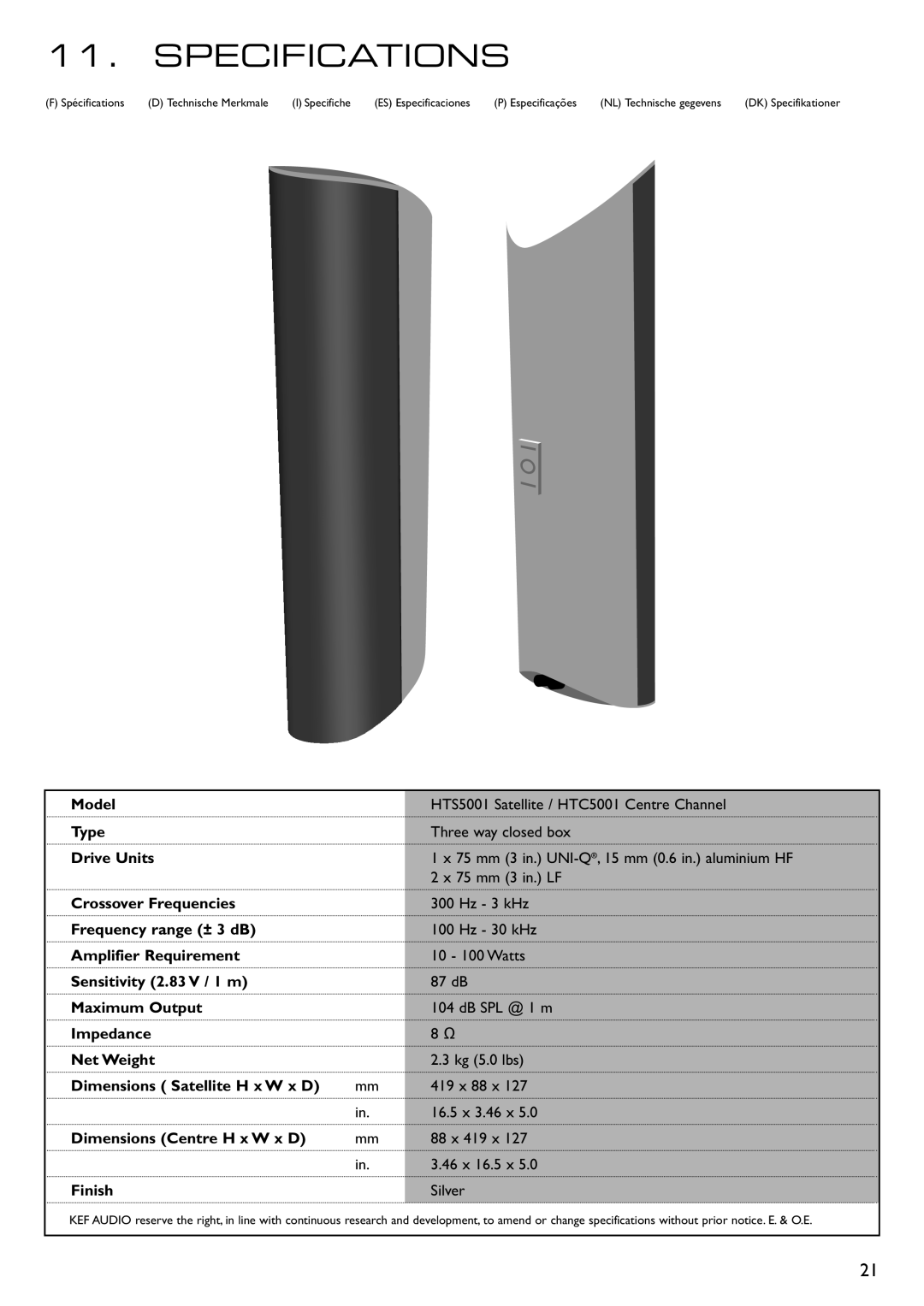 KEF Audio 290149ML installation manual Specifications, Silver 