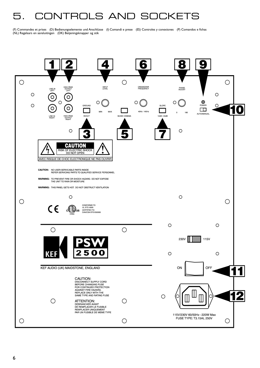 KEF Audio 290149ML installation manual Controls and Sockets 