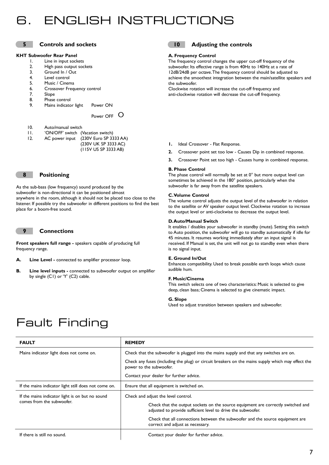 KEF Audio 290149ML installation manual English Instructions, Fault Finding 