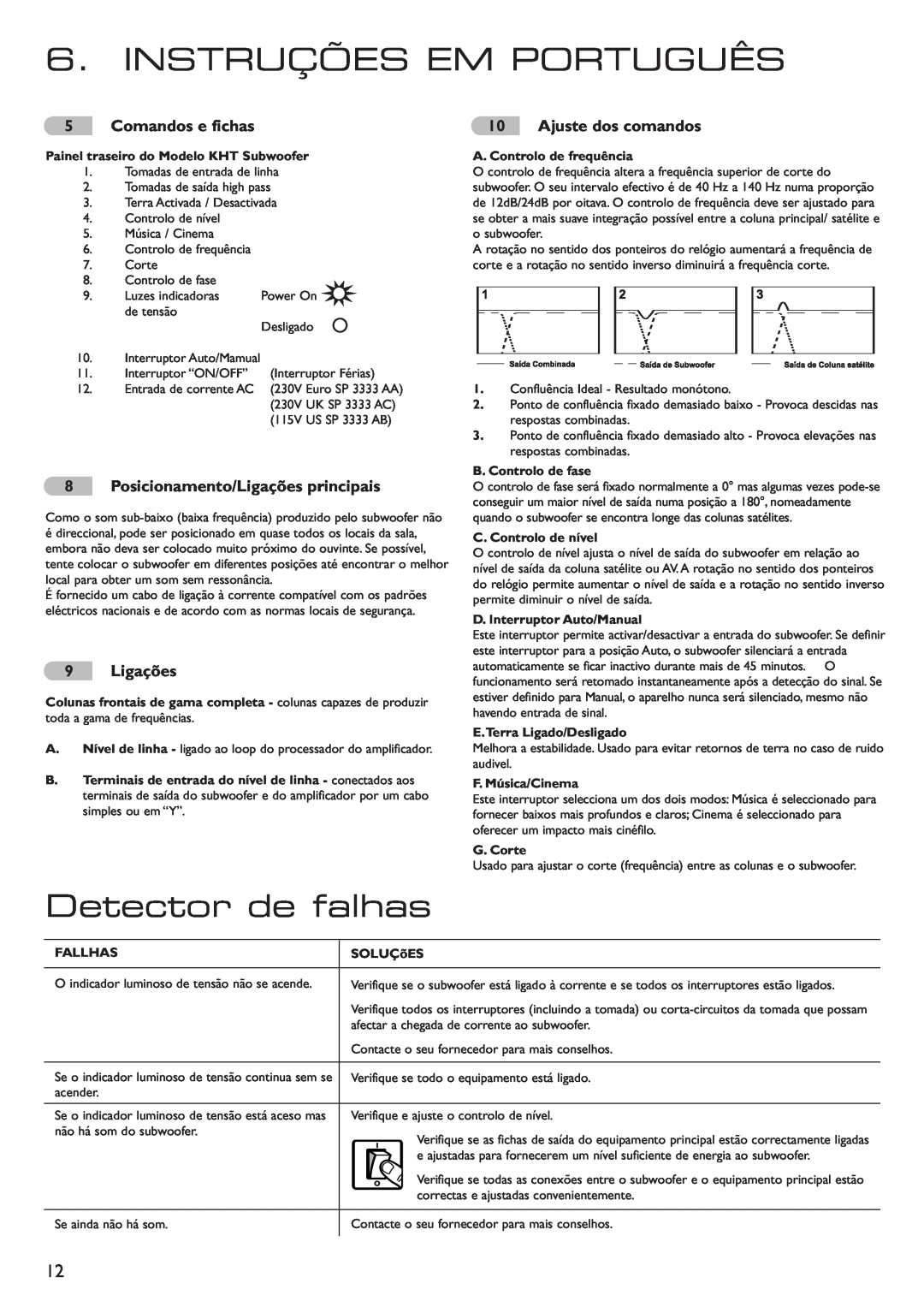 KEF Audio 290149ML Instruções Em Português, Detector de falhas, Posicionamento/Ligações principais, Ajuste dos comandos 