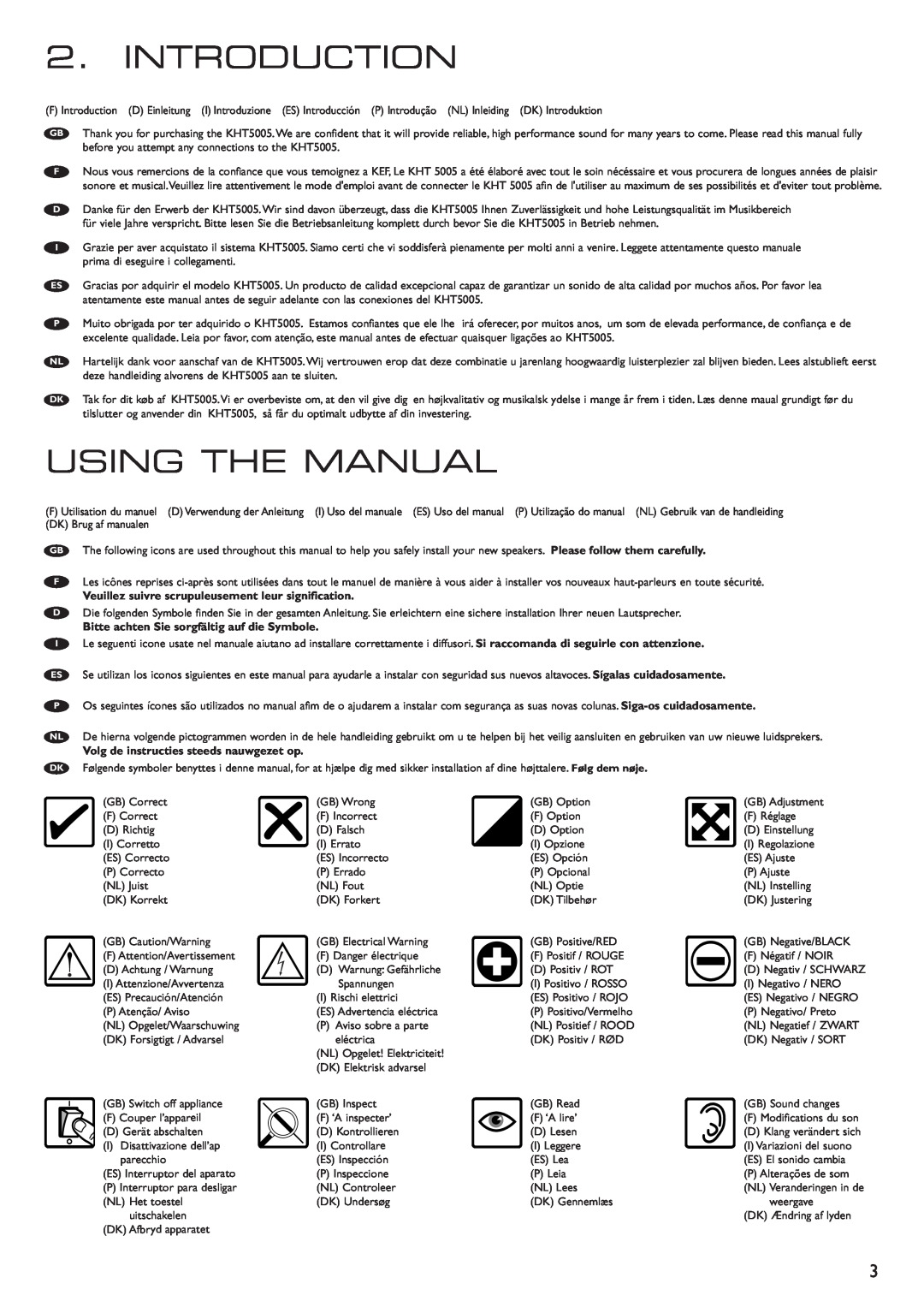 KEF Audio 290149ML installation manual Introduction, Using The Manual, Bitte achten Sie sorgfältig auf die Symbole 