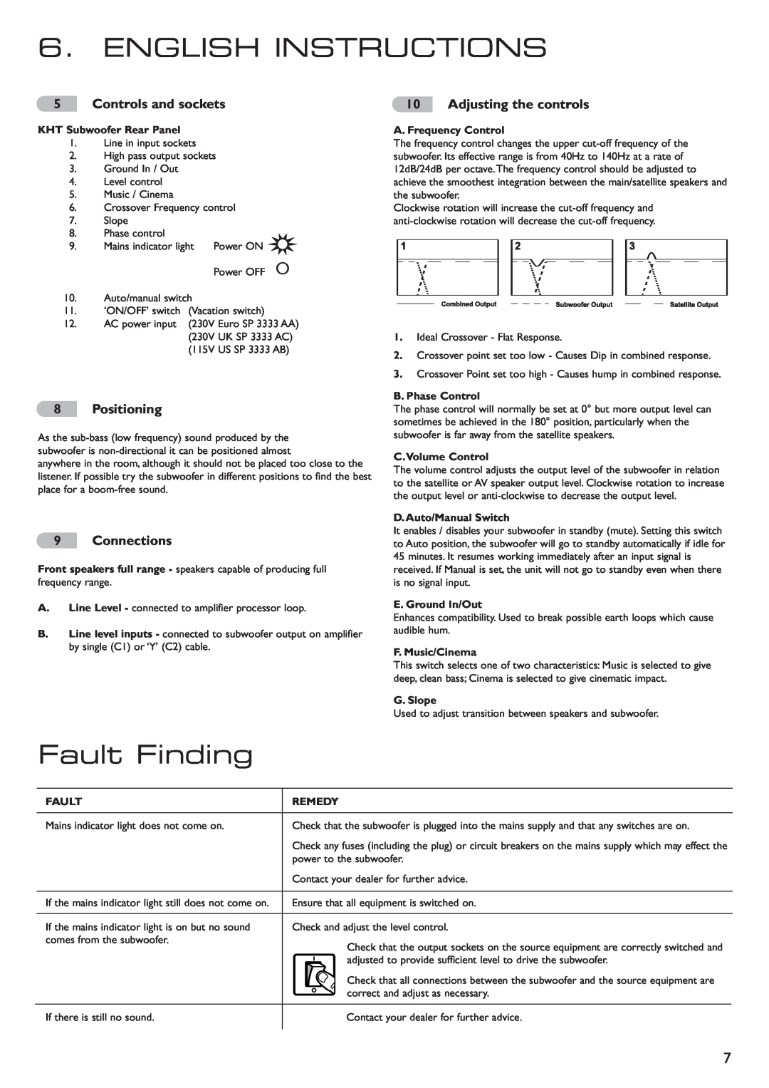 KEF Audio 290149ML installation manual English Instructions, Fault Finding, Controls and sockets, Positioning, Connections 