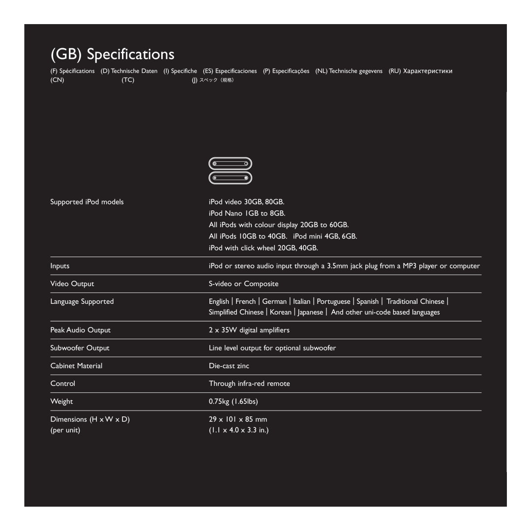 KEF Audio 290205ML manual GB Specifications, Supported iPod models 