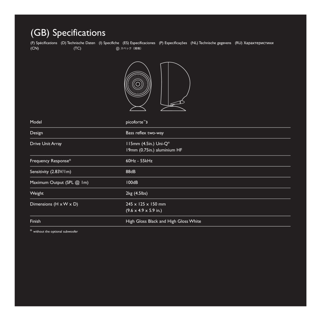 KEF Audio 290205ML manual GB Specifications 