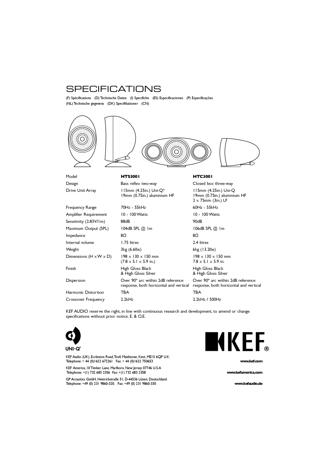 KEF Audio installation manual Specifications, HTS3001 HTC3001 