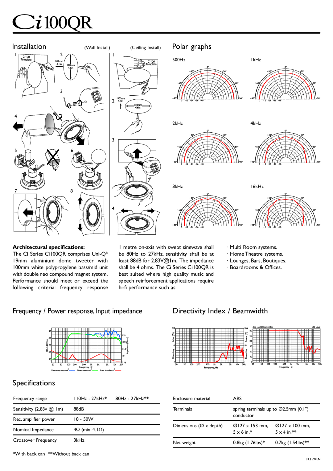 KEF Audio Ci 100QR manual Polar graphs, Specifications, Directivity Index / Beamwidth, Architectural specifications, Abs 