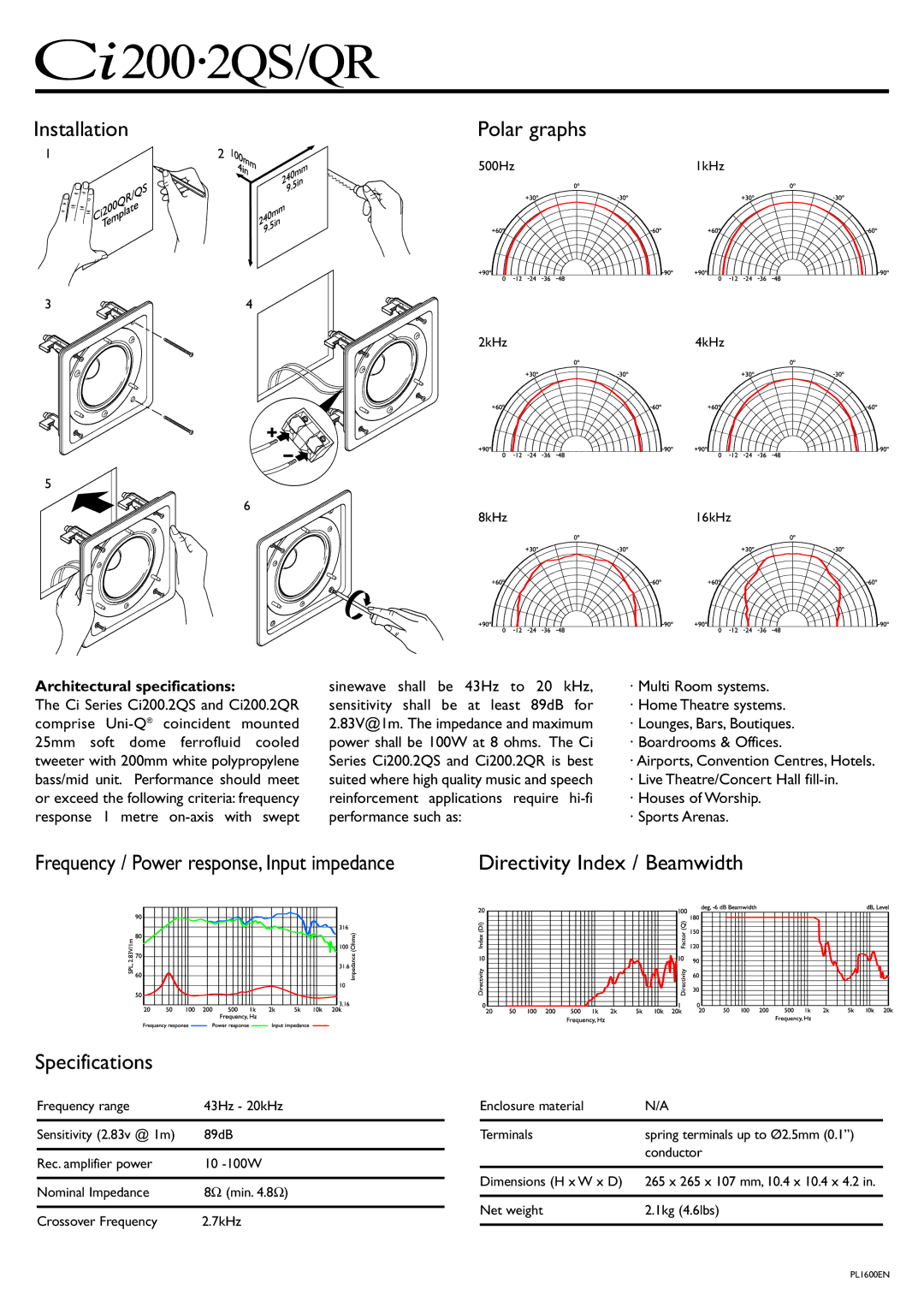 KEF Audio Ci 200.2QS, Ci200.2QR manual Installation Polar graphs, Specifications, Directivity Index / Beamwidth 