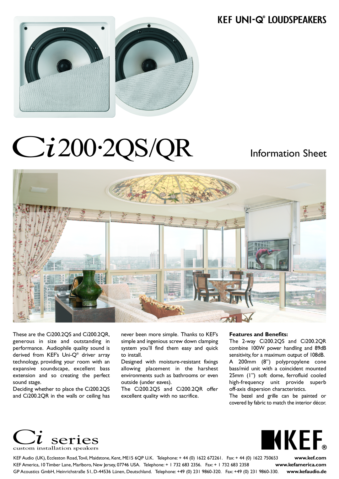 KEF Audio Ci200.2QR, Ci 200.2QS manual Features and Benefits, Information Sheet 