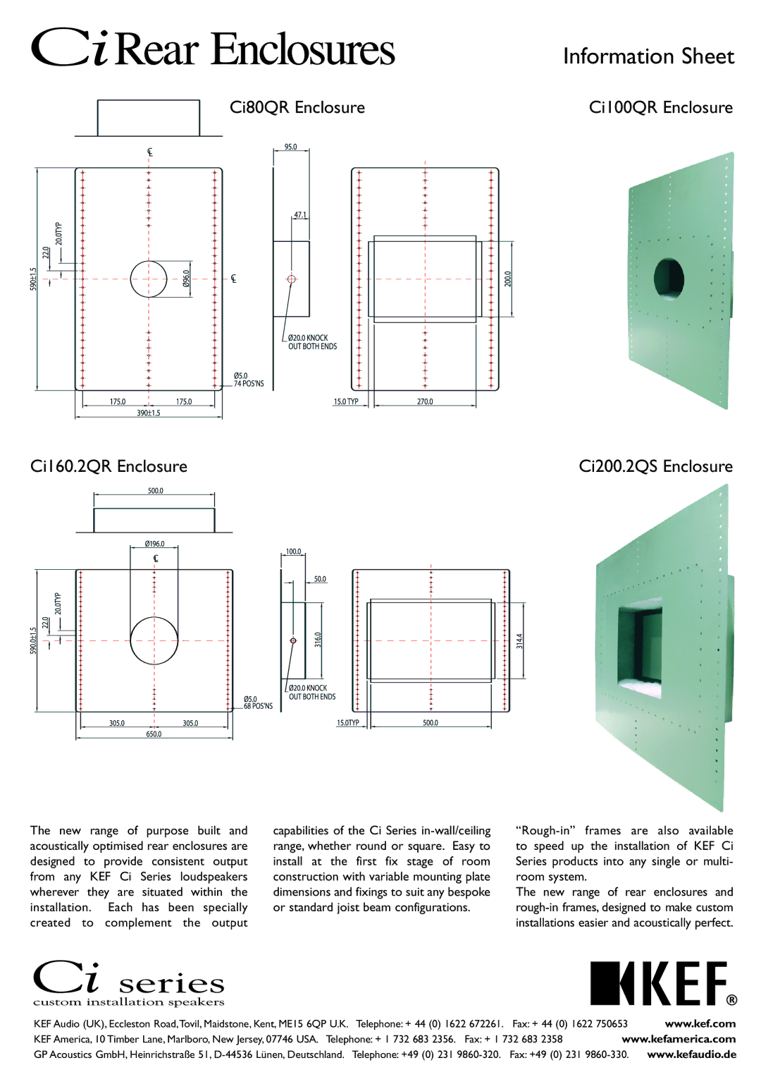 KEF Audio Ci Rear Inc dimensions Information Sheet, Ci80QR Enclosure, Ci160.2QR Enclosure, Ci100QR Enclosure 