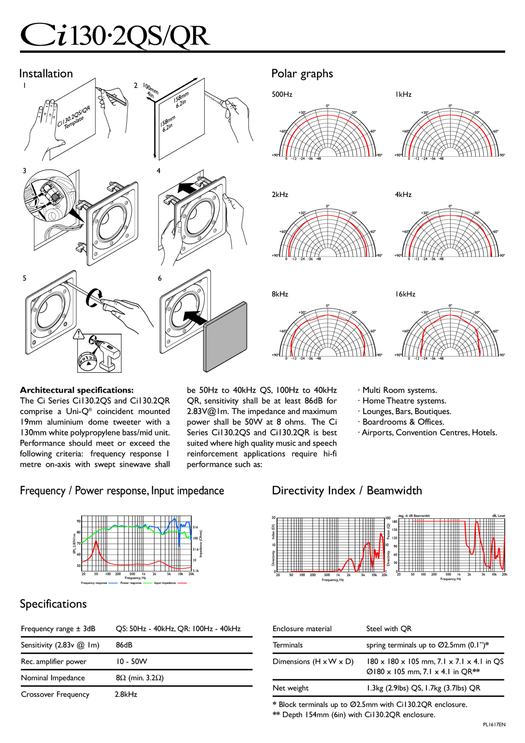 KEF Audio Ci130.2QSQR manual Installation Polar graphs, Specifications, Directivity Index / Beamwidth 