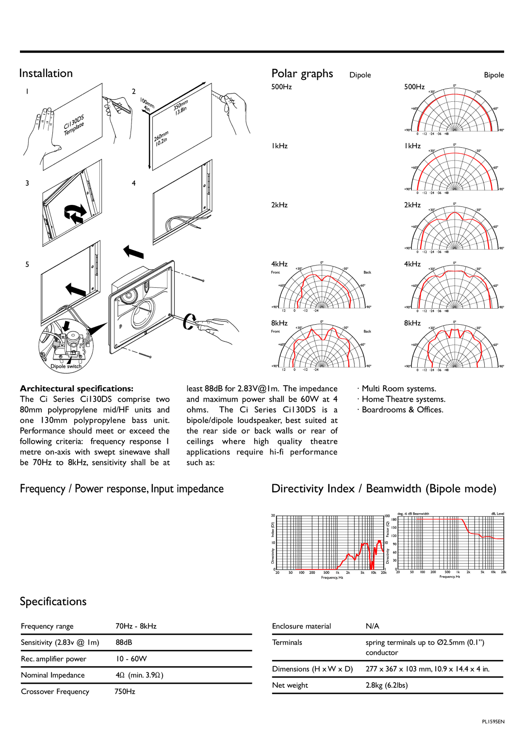 KEF Audio Ci130DS manual Installation Polar graphs Dipole, Specifications, Directivity Index / Beamwidth Bipole mode 