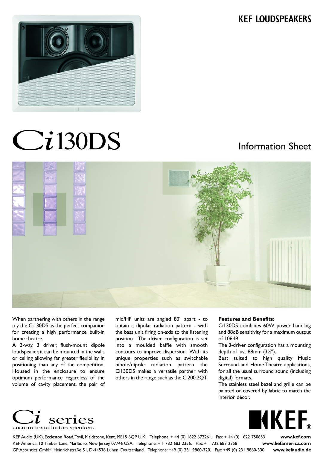 KEF Audio Ci130DS manual Features and Benefits, Information Sheet 