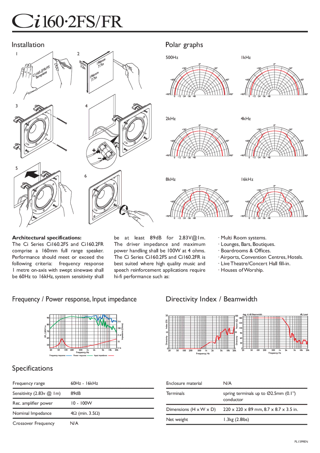 KEF Audio Ci160.2FS Installation Polar graphs, Specifications, Directivity Index / Beamwidth, Architectural specifications 