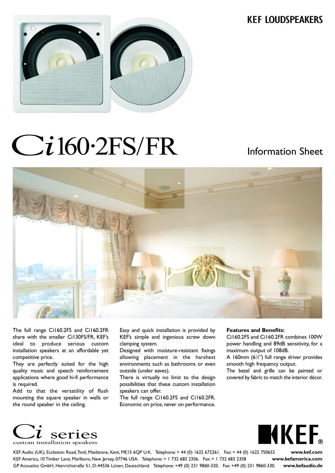 KEF Audio Ci160.2FR, Ci160.2FS manual Features and Benefits, Information Sheet 
