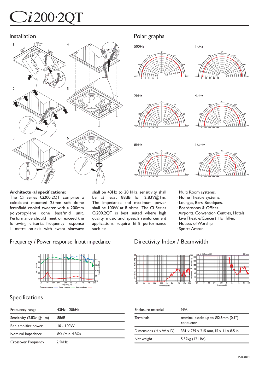 KEF Audio Ci200.2QT Installation Polar graphs, Specifications, Directivity Index / Beamwidth, Architectural specifications 